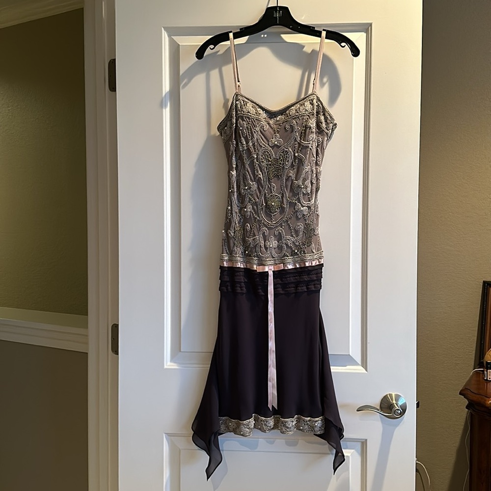 Sue Wong hand beaded, silk, fully lined cocktail dress.